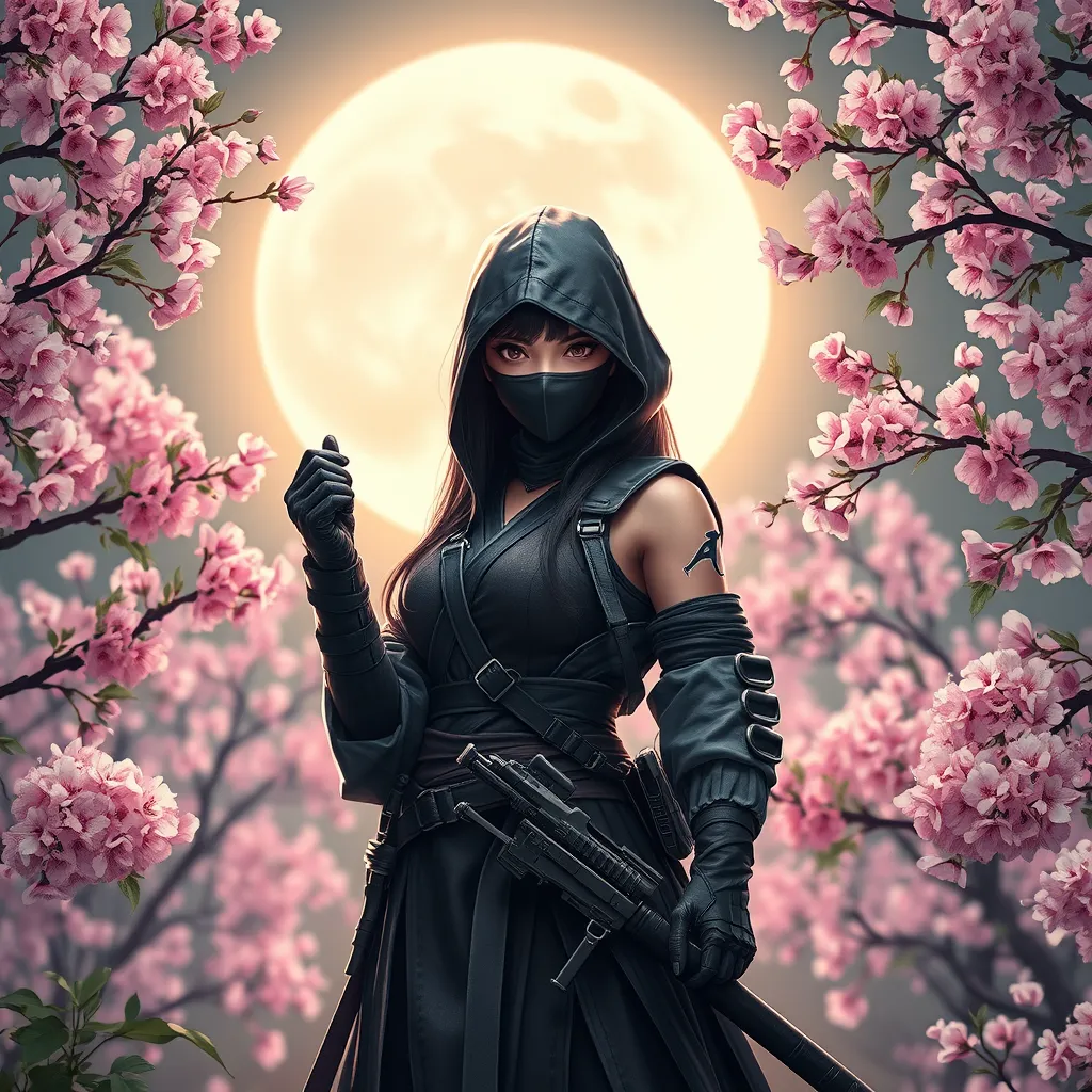 A beautiful female ninja standing amidst a serene cherry blossom garden under a full moon, her outfit a blend of traditional Japanese attire and modern tactical gear, her eyes sharp and focused, with soft, ethereal lighting enhancing her mysterious presence