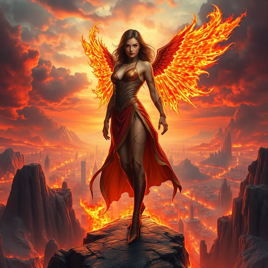 A breathtaking female fire sorceress, poised atop a cliff overlooking a fiery, post-apocalyptic cityscape, the sky ablaze with crimson and orange hues, her body language confident and commanding, her magic manifesting as fiery wings.