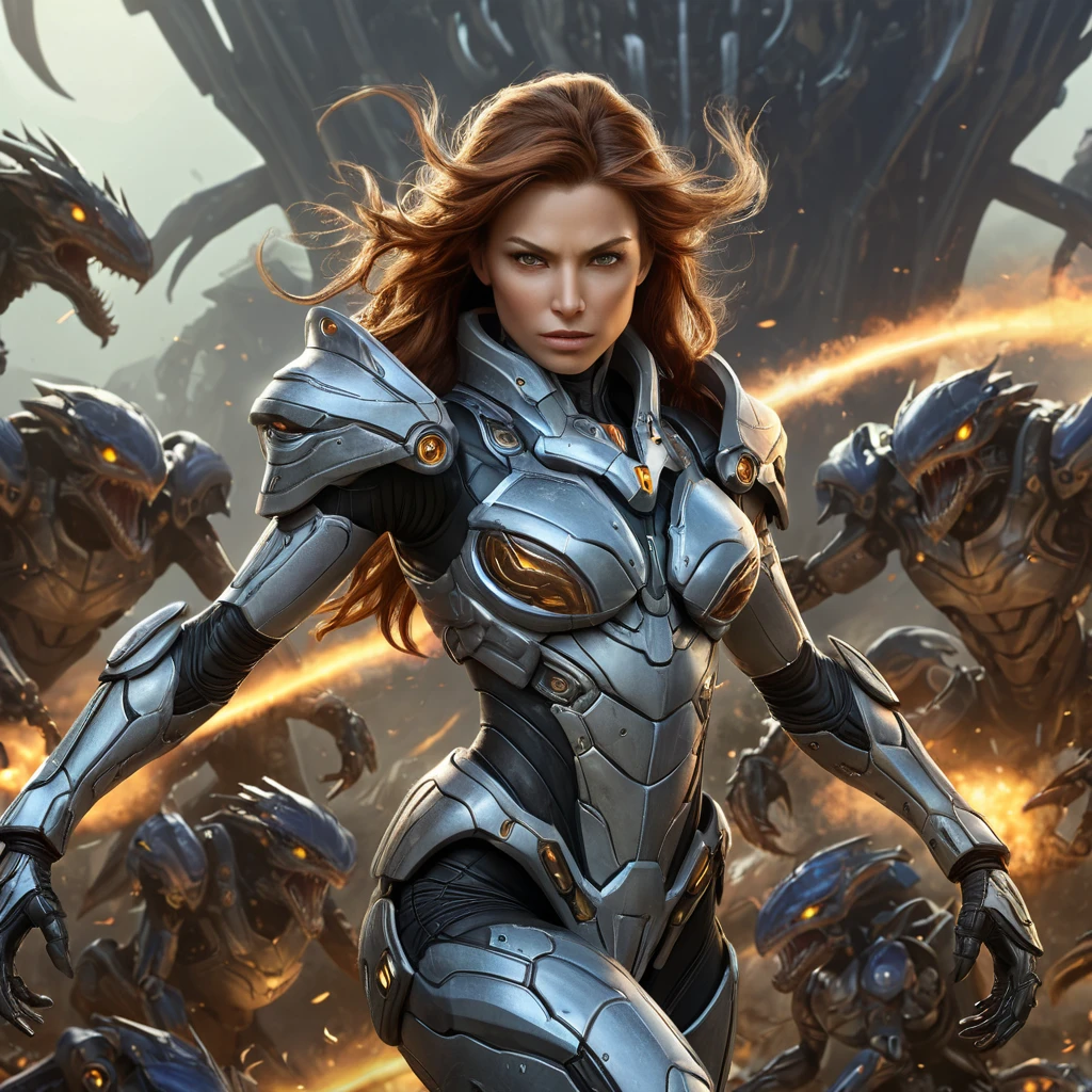 Sarah Kerrigan, the ruler of the Swarm, portrayed in a dynamic action shot, her body contorted in a battle stance, surrounded by a swarm of Zerglings, her armor detailed with the textures of chitinous plates and glowing veins, against a backdrop of a burning Terran colony.