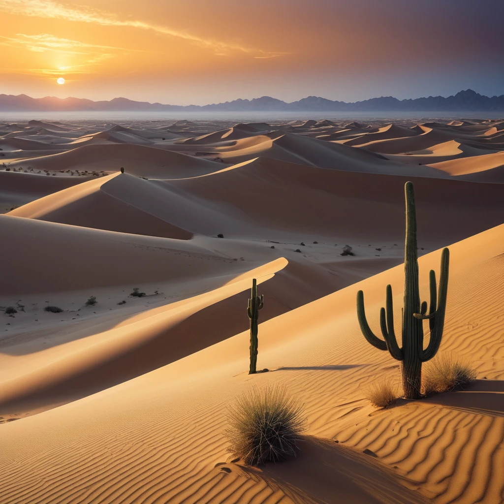 A vast, golden desert under a twilight sky, with dunes sculpted by the wind and a solitary cactus standing vigil.