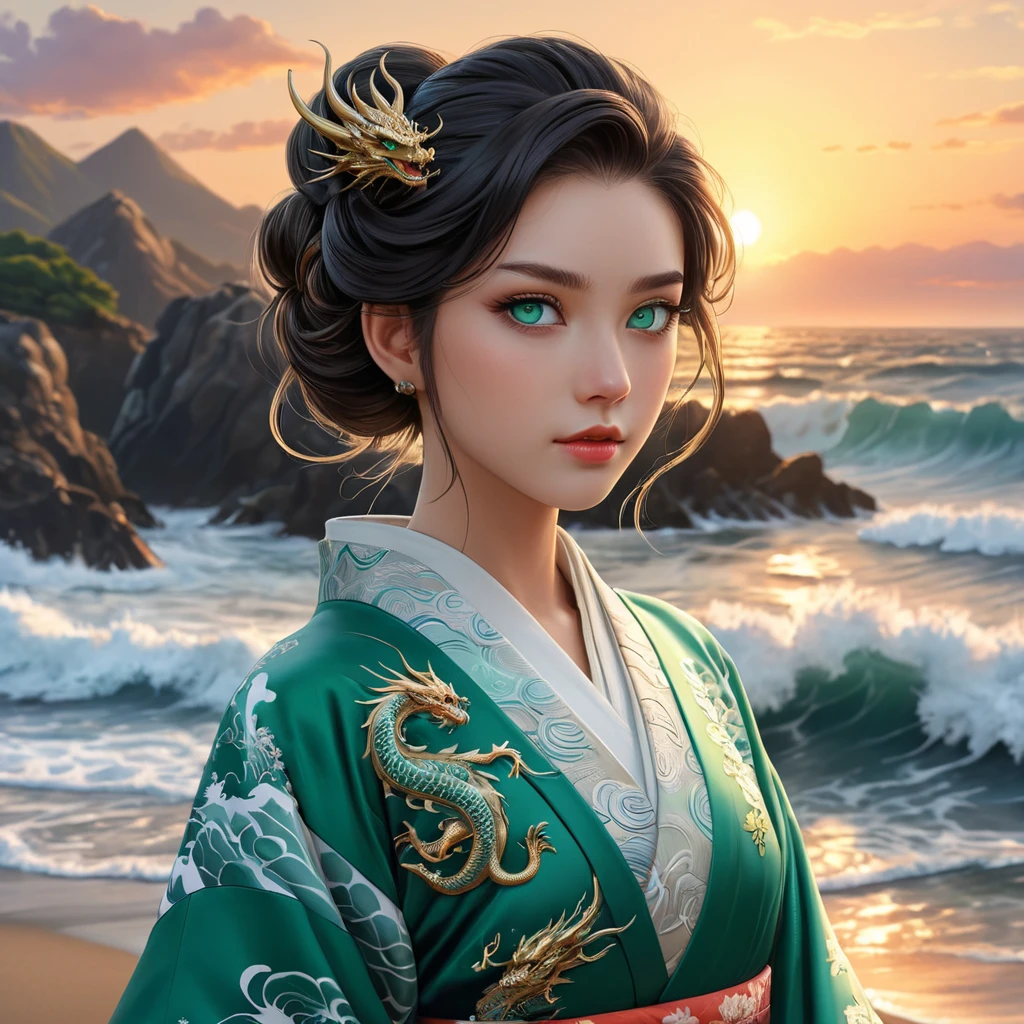 An anime character with striking emerald eyes, dressed in a traditional Japanese kimono adorned with intricate patterns of waves and dragons, standing on a rocky shore at sunset, the ocean waves crashing behind her.