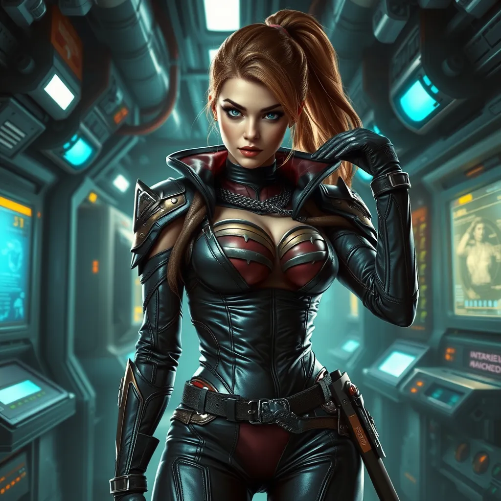 An exquisite female rogue from StarCraft, depicted in a high-tech, underground laboratory, surrounded by advanced machinery and flickering computer screens, her attire a blend of sleek leather and metallic accents, her expression both fierce and focused.