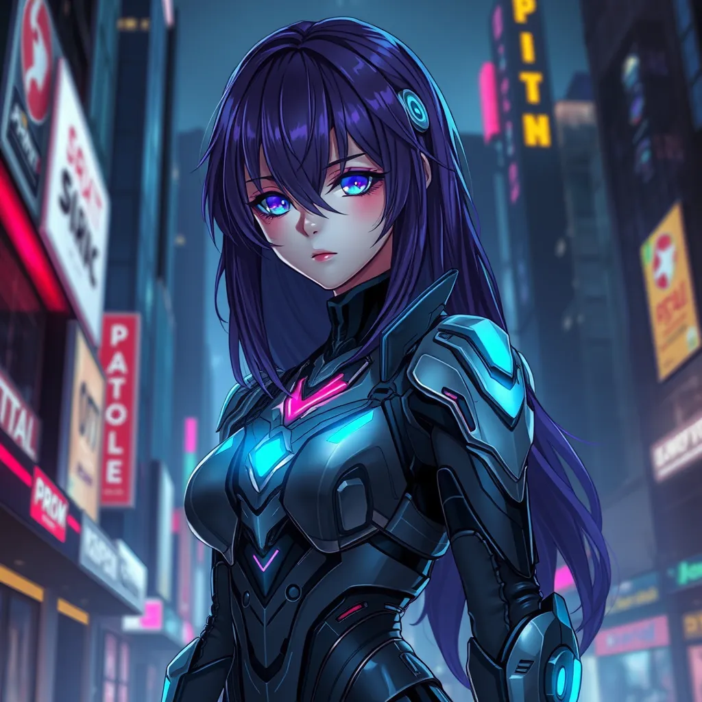 A mysterious anime character with deep purple hair, wearing a futuristic cybernetic suit, standing in a neon-lit cityscape at night, the glow reflecting off her eyes which seem to hold the secrets of the universe.