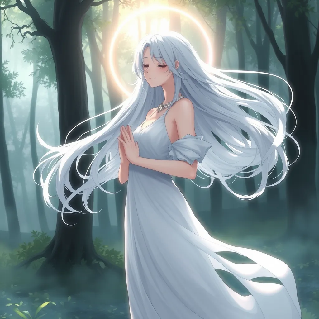 An ethereal anime character with flowing white hair, wearing a simple yet elegant gown, standing in a misty forest, the light filtering through the trees creating a halo around her, her eyes closed in peaceful meditation.