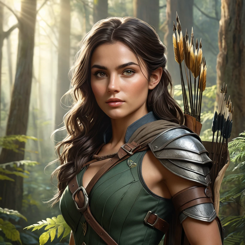 A beautiful female ranger standing amidst a dense, mystical forest, sunlight filtering through the leaves, highlighting her rugged yet elegant attire, her eyes sharp and focused, holding a traditional bow with a quiver of arrows slung over her shoulder, the background filled with ancient trees and a soft mist.