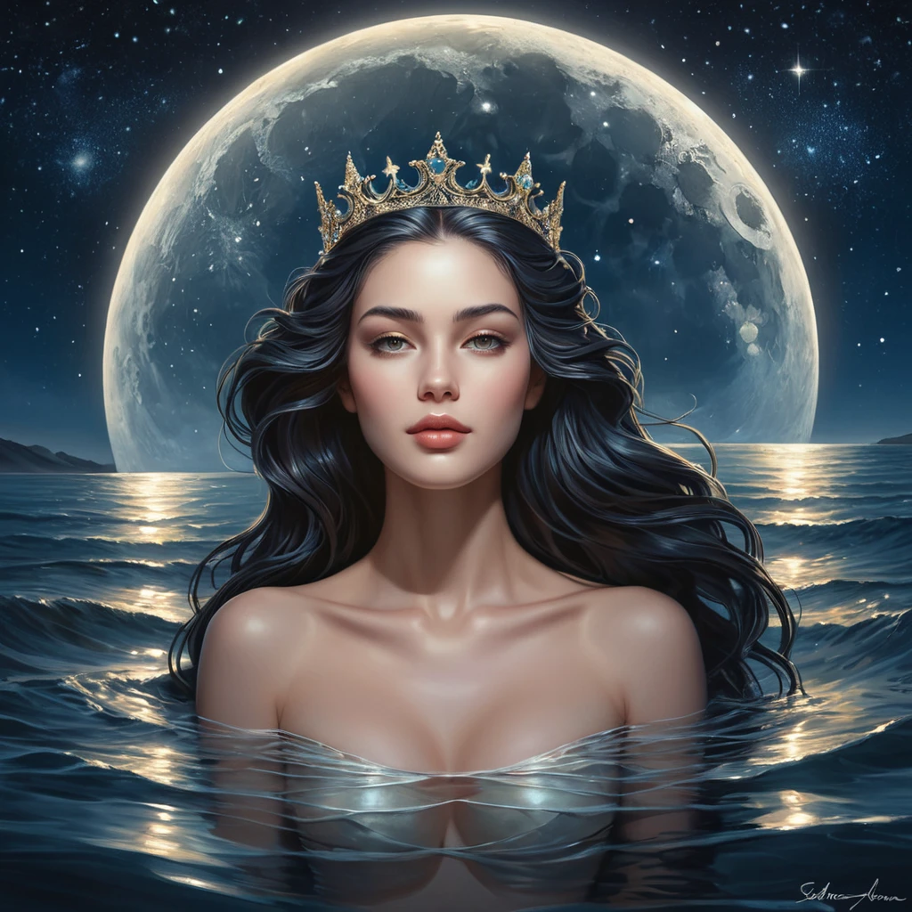 Selene, with her crown of stars, floats above a tranquil sea at night. The water mirrors the starry sky, and her figure is outlined by the luminous path the moon casts upon the waves, creating a surreal and divine atmosphere.