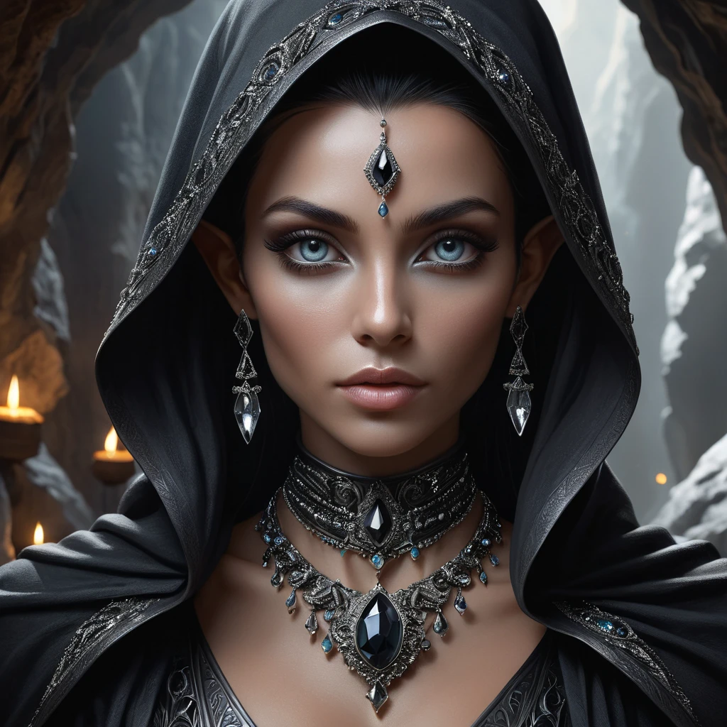 A mysterious dark elf lady, cloaked in shadows and adorned with obsidian jewelry, her eyes piercing and enigmatic, standing in a cavern bathed in the light of a thousand crystals.