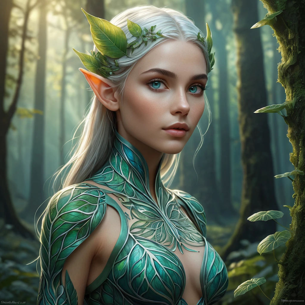 A stunning elf woman with intricate, leaf-patterned tattoos, standing amidst a luminous forest glade, her eyes reflecting the soft glow of bioluminescent fungi.