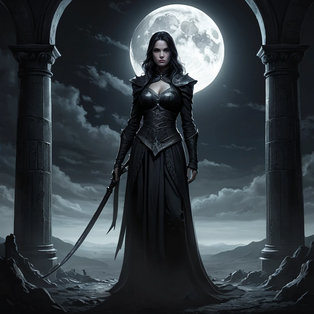 A haunting portrayal of Ker, standing at the threshold between life and death, her silhouette stark against a backdrop of a desolate, moonlit battlefield, her hands adorned with rings of bone, holding a scythe with a blade as dark as the night, her presence both terrifying and awe-inspiring.