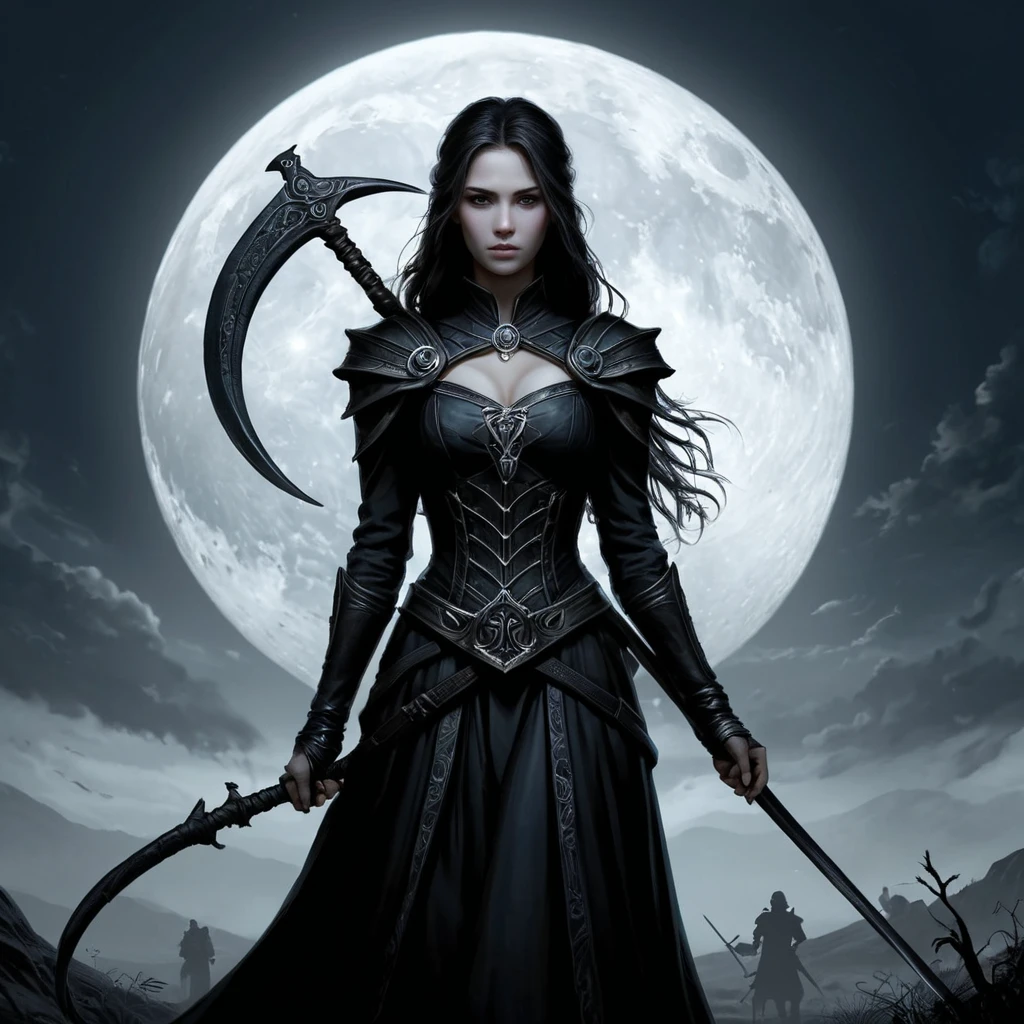 A haunting portrayal of Ker, standing at the threshold between life and death, her silhouette stark against a backdrop of a desolate, moonlit battlefield, her hands adorned with rings of bone, holding a scythe with a blade as dark as the night, her presence both terrifying and awe-inspiring.