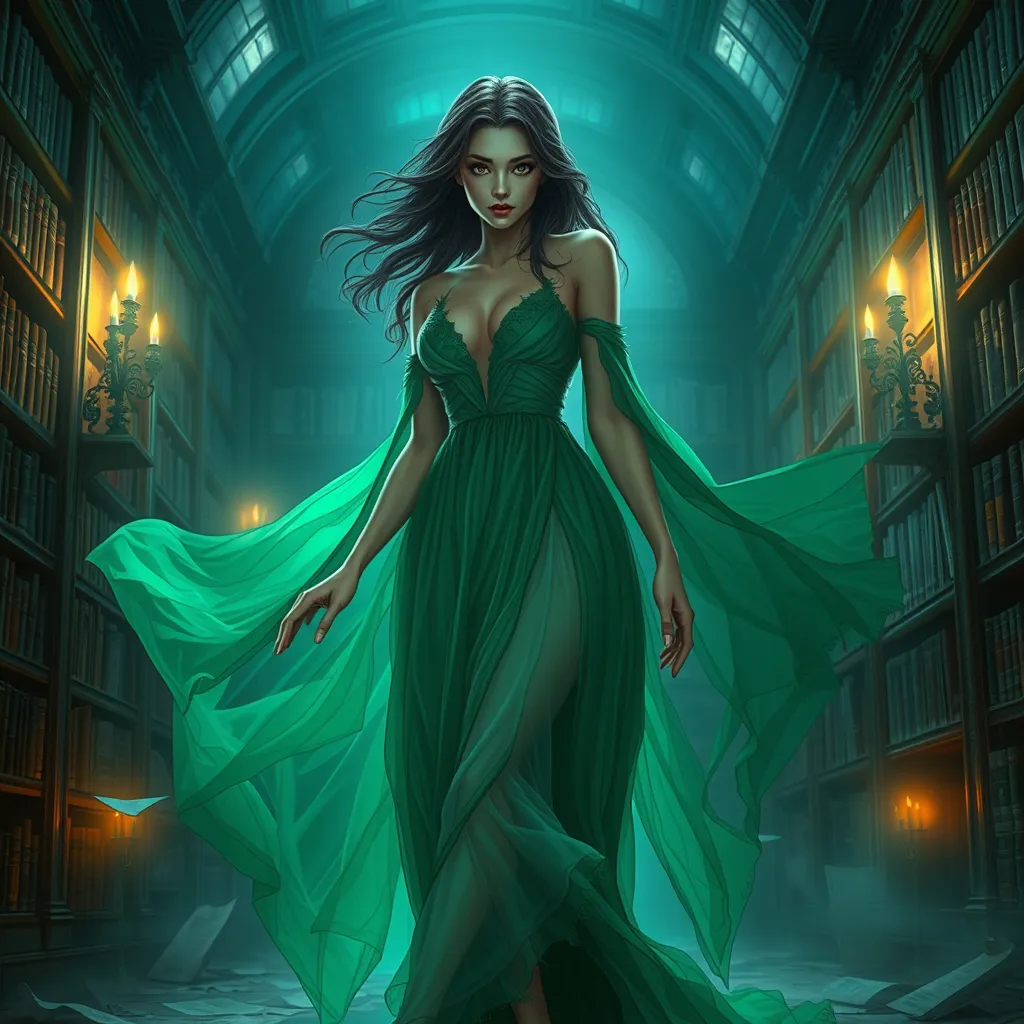 A mysterious female ghost, her beauty accentuated by the soft, warm glow of candlelight, dressed in a flowing, emerald green gown, standing in an old, abandoned library filled with towering bookshelves and fluttering pages.