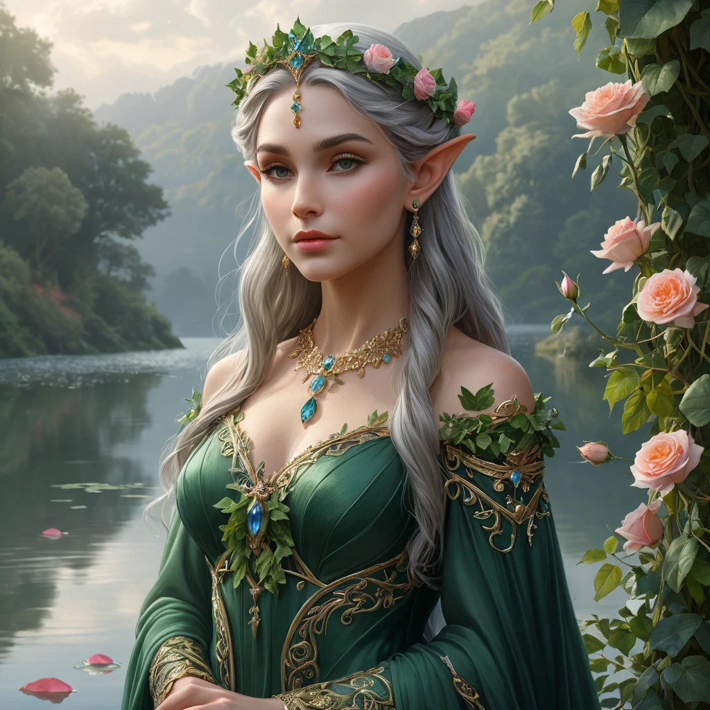 A majestic elf queen, adorned in a gown of woven ivy and blooming roses, standing at the edge of a misty lake, her presence commanding yet serene.