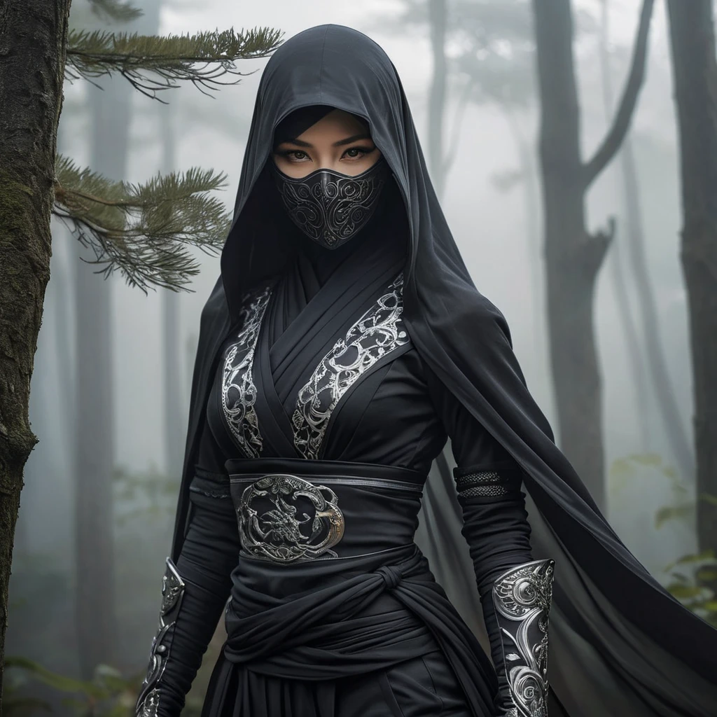 A captivating female ninja concealed within a mist-laden forest, her features partially obscured by a veil of fog, her attire a mix of stealthy dark fabrics and intricate silver detailing, the environment around her both haunting and enchanting