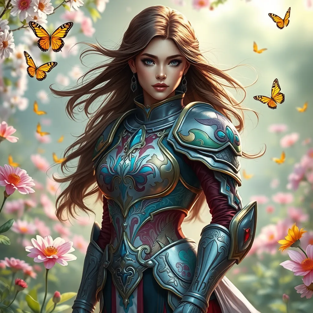 A graceful female paladin, her armor painted with vibrant colors and patterns, standing in a serene garden filled with blooming flowers and fluttering butterflies, a gentle breeze stirring her hair