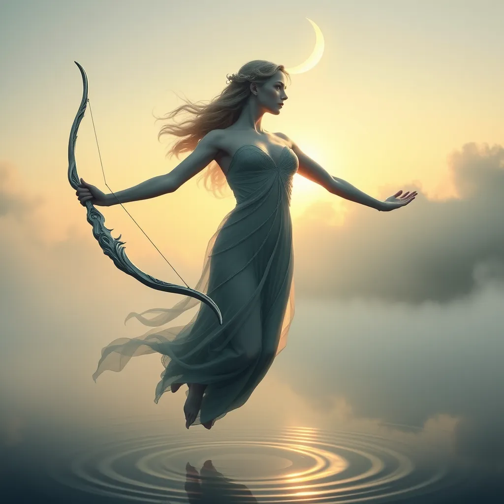 An ethereal depiction of Artemis, floating above a misty lake at dawn, her form outlined by the soft, golden light of the rising sun, her arms outstretched, holding a silver bow, her expression serene yet powerful, the surface of the lake reflecting the crescent moon above.