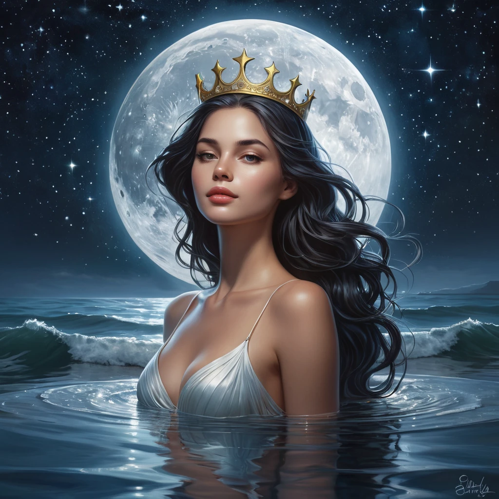 Selene, with her crown of stars, floats above a tranquil sea at night. The water mirrors the starry sky, and her figure is outlined by the luminous path the moon casts upon the waves, creating a surreal and divine atmosphere.