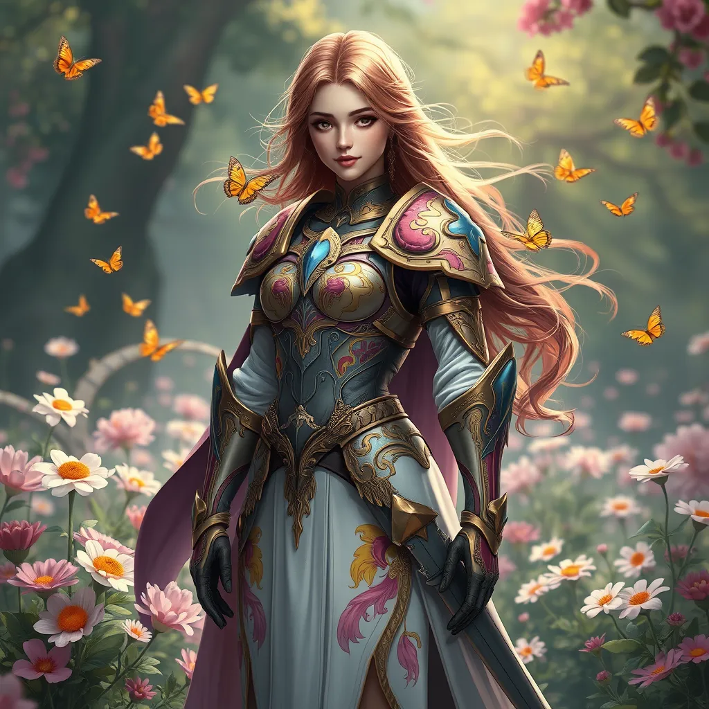 A graceful female paladin, her armor painted with vibrant colors and patterns, standing in a serene garden filled with blooming flowers and fluttering butterflies, a gentle breeze stirring her hair