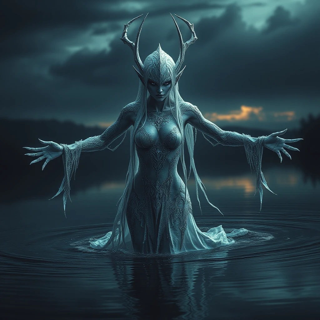 A dramatic portrayal of a female wraith from Elden Ring, emerging from a dark, foreboding lake at twilight, her form shimmering with an icy glow, her eyes reflecting the cold waters, her arms outstretched as if to embrace the encroaching darkness, the scene filled with an ominous silence.