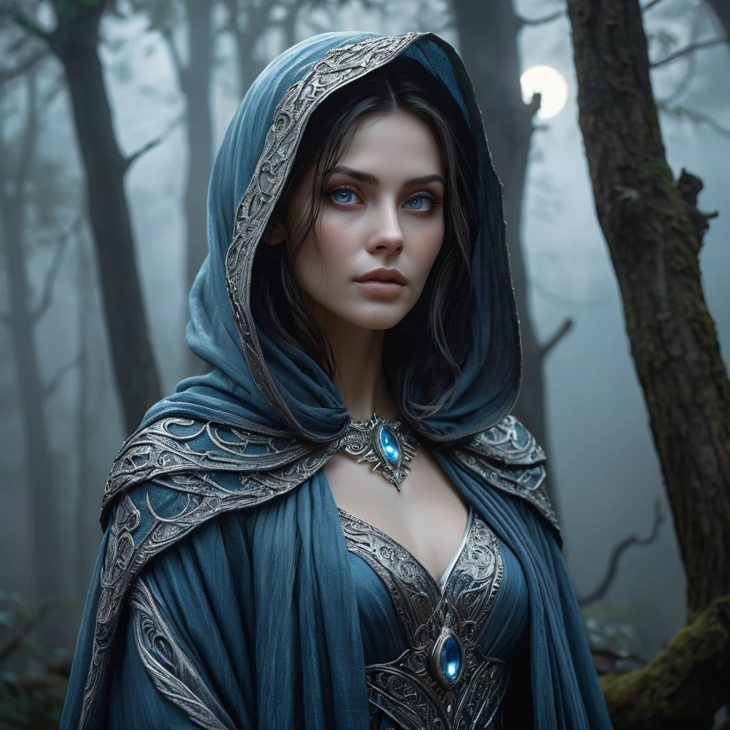 A hauntingly beautiful female wraith from Elden Ring, depicted in a misty, moonlit forest, her translucent form cloaked in ethereal robes that glow with an otherworldly light, her eyes a piercing blue as she gazes into the distance, surrounded by ancient, gnarled trees and a soft, eerie fog.