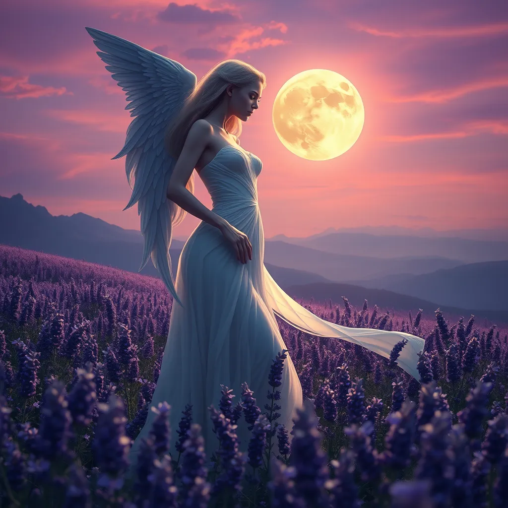 Selene, in all her celestial glory, stands amidst a field of lavender under a twilight sky. Her form is silhouetted by the rising moon, and the air is filled with the sweet scent of flowers, creating a scene of otherworldly tranquility and beauty.