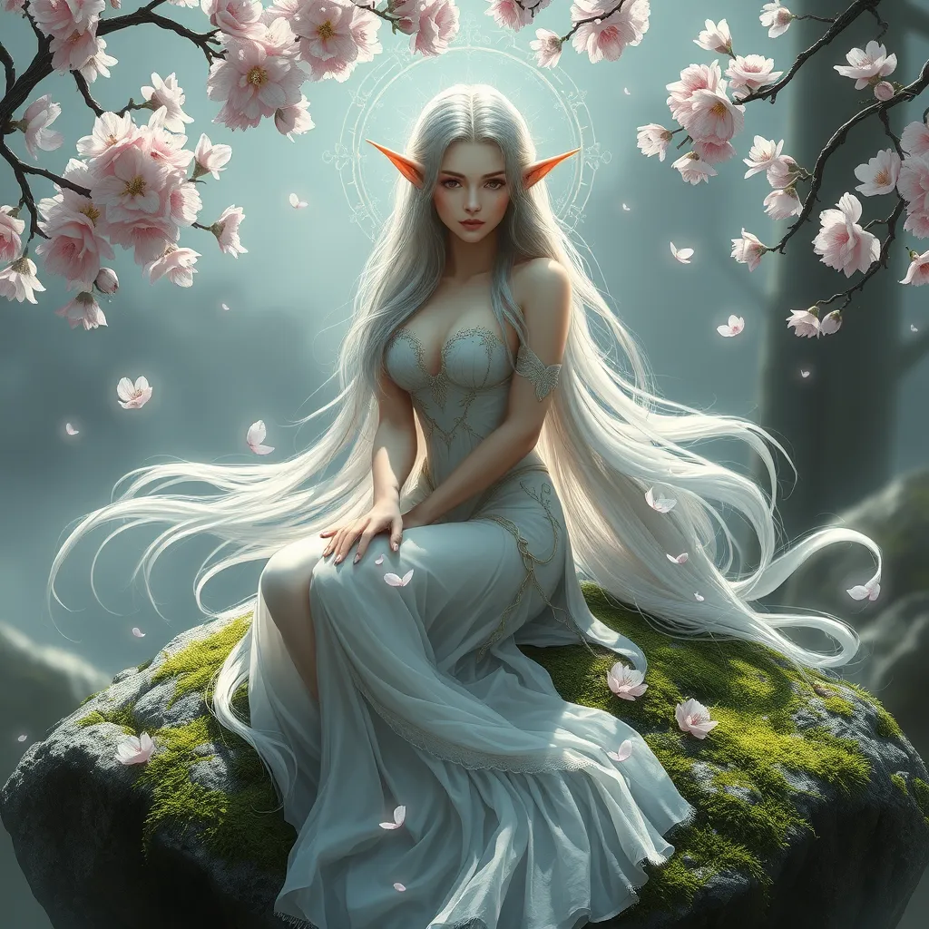 An ethereal elf maiden, her hair cascading like silver moonlight, seated gracefully on a moss-covered stone, surrounded by a halo of floating cherry blossoms.