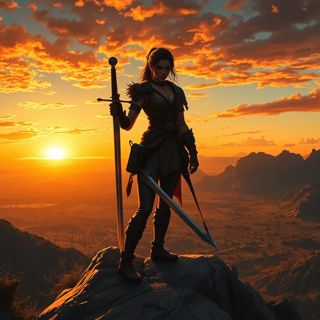 A stunning female ranger perched atop a rocky outcrop, overlooking a vast, sprawling wilderness at sunset, her silhouette sharply defined against the fiery sky, her hands resting on the hilt of a longsword, her expression one of calm determination, the landscape below teeming with wildlife.