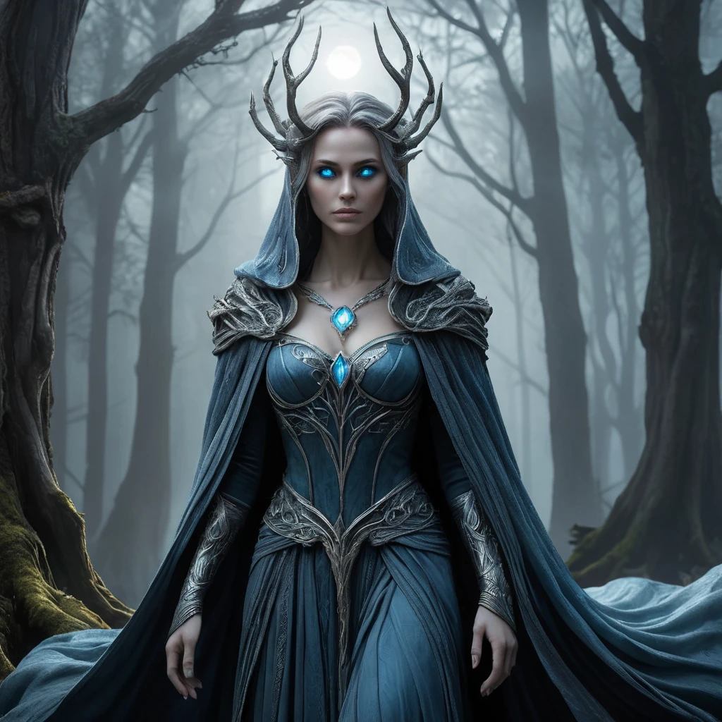 A hauntingly beautiful female wraith from Elden Ring, depicted in a misty, moonlit forest, her translucent form cloaked in ethereal robes that glow with an otherworldly light, her eyes a piercing blue as she gazes into the distance, surrounded by ancient, gnarled trees and a soft, eerie fog.