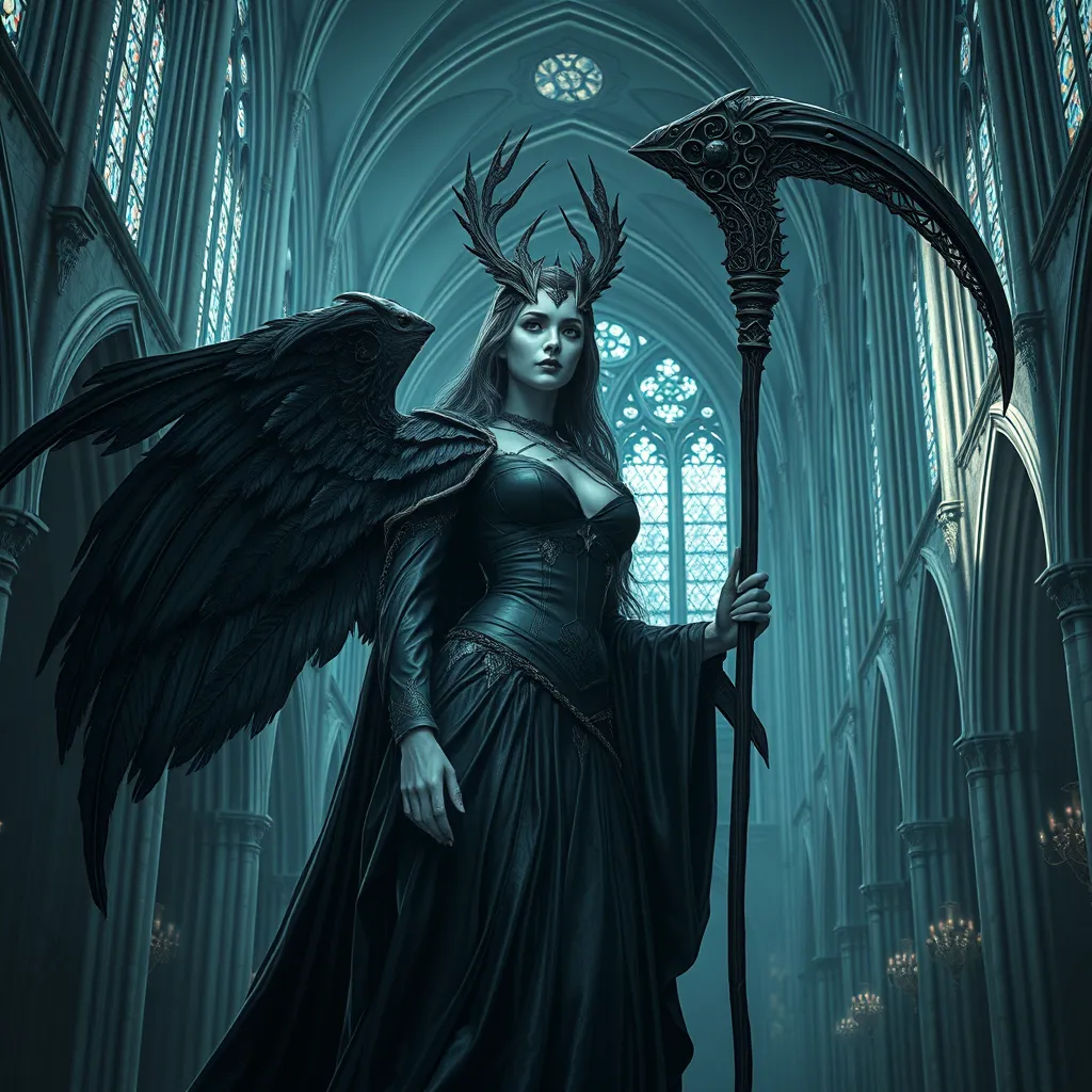 Ker, the goddess of mortality, portrayed in a grand, gothic cathedral, her presence both solemn and majestic, her attire a masterpiece of dark elegance, her scythe resting against her shoulder, her eyes gazing into the infinite abyss of death, the space around her filled with the echoes of countless lives.