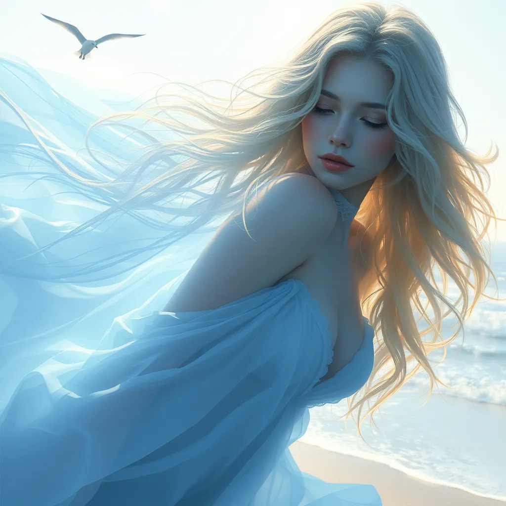 A ethereal female ghost, with an aura of gentle blue light, her hair cascading like a river of gold, hovering above a serene, sunlit beach where waves gently lap at the shore, seagulls soaring in the distance.