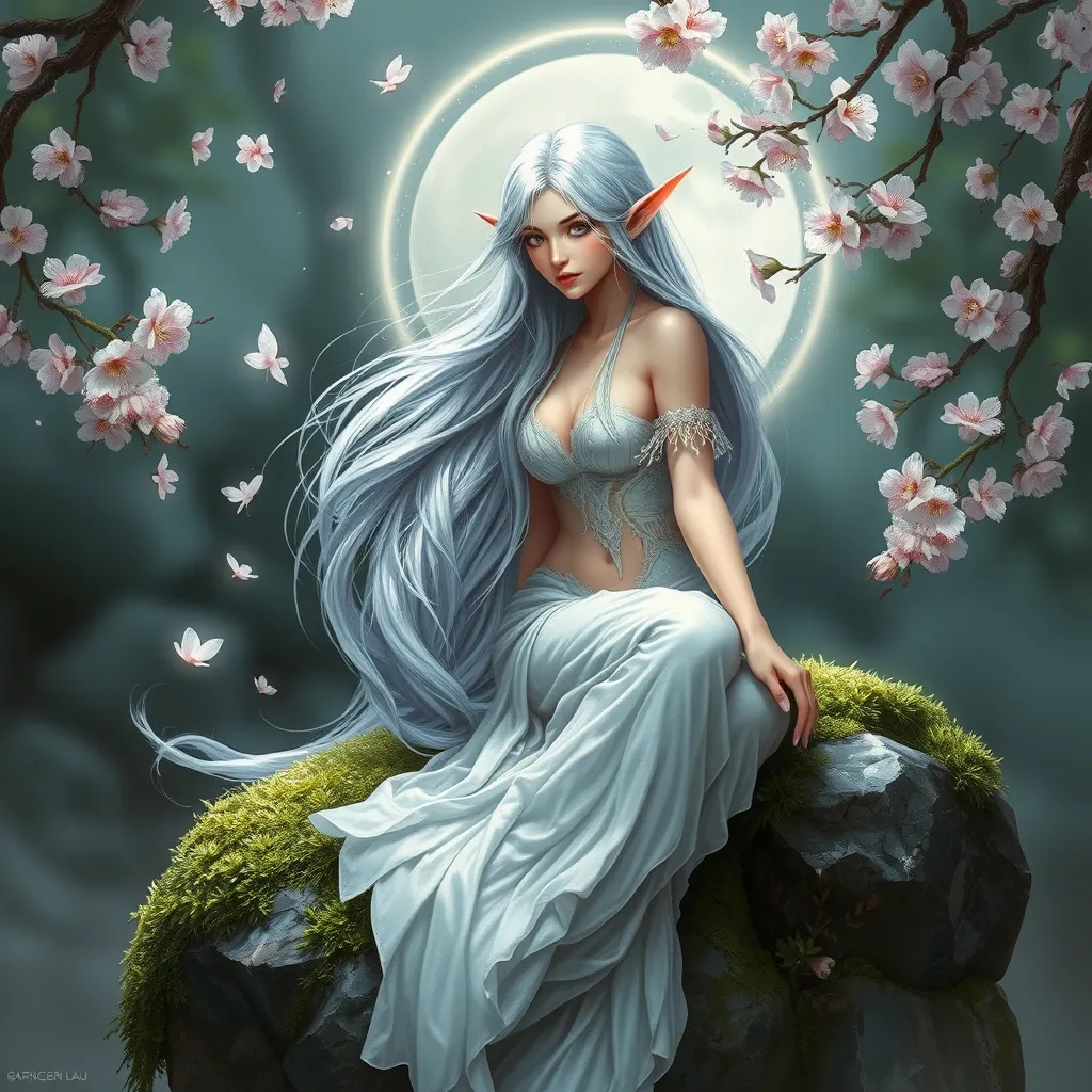 An ethereal elf maiden, her hair cascading like silver moonlight, seated gracefully on a moss-covered stone, surrounded by a halo of floating cherry blossoms.