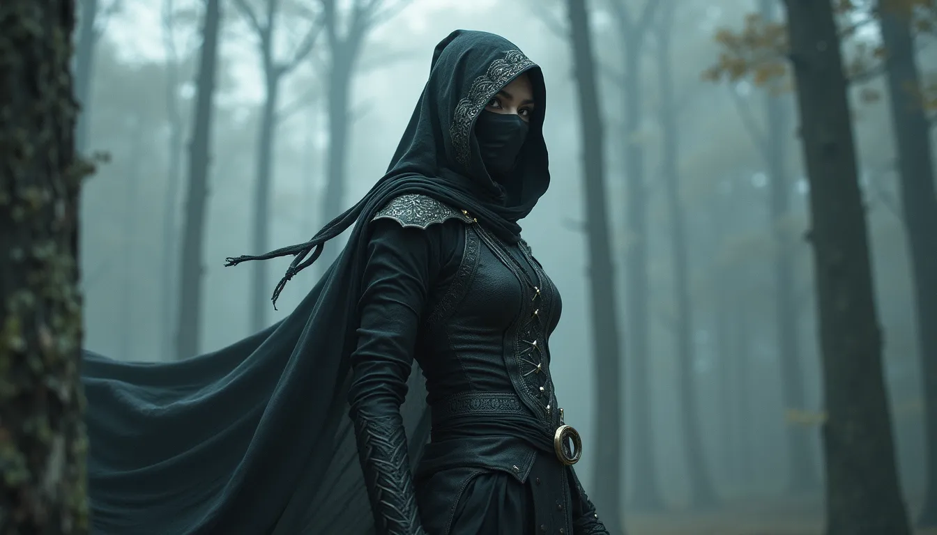 A captivating female ninja concealed within a mist-laden forest, her features partially obscured by a veil of fog, her attire a mix of stealthy dark fabrics and intricate silver detailing, the environment around her both haunting and enchanting