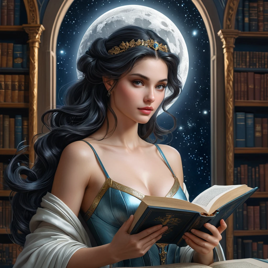 Inside a grand celestial library, Selene, the goddess of the moon, is engrossed in a tome bound in midnight velvet. The room is bathed in a soft, silvery light, and the walls are lined with books that seem to whisper secrets of the universe under the watchful gaze of the moon.