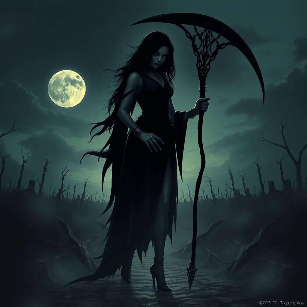 A haunting portrayal of Ker, standing at the threshold between life and death, her silhouette stark against a backdrop of a desolate, moonlit battlefield, her hands adorned with rings of bone, holding a scythe with a blade as dark as the night, her presence both terrifying and awe-inspiring.