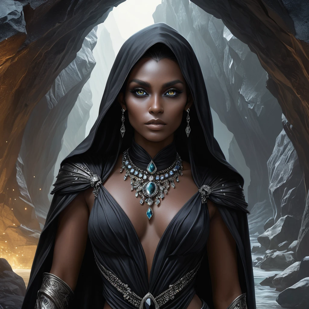 A mysterious dark elf lady, cloaked in shadows and adorned with obsidian jewelry, her eyes piercing and enigmatic, standing in a cavern bathed in the light of a thousand crystals.