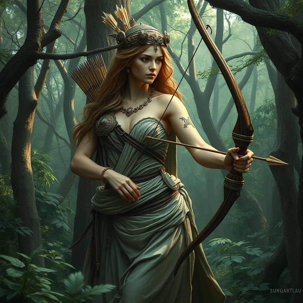 Artemis, the goddess of the wilderness, portrayed in a dense, ancient forest, her presence commanding yet gentle, her attire blending seamlessly with the natural surroundings, her bow and arrows crafted from the wood of the trees, the air around her alive with the sounds of nature.