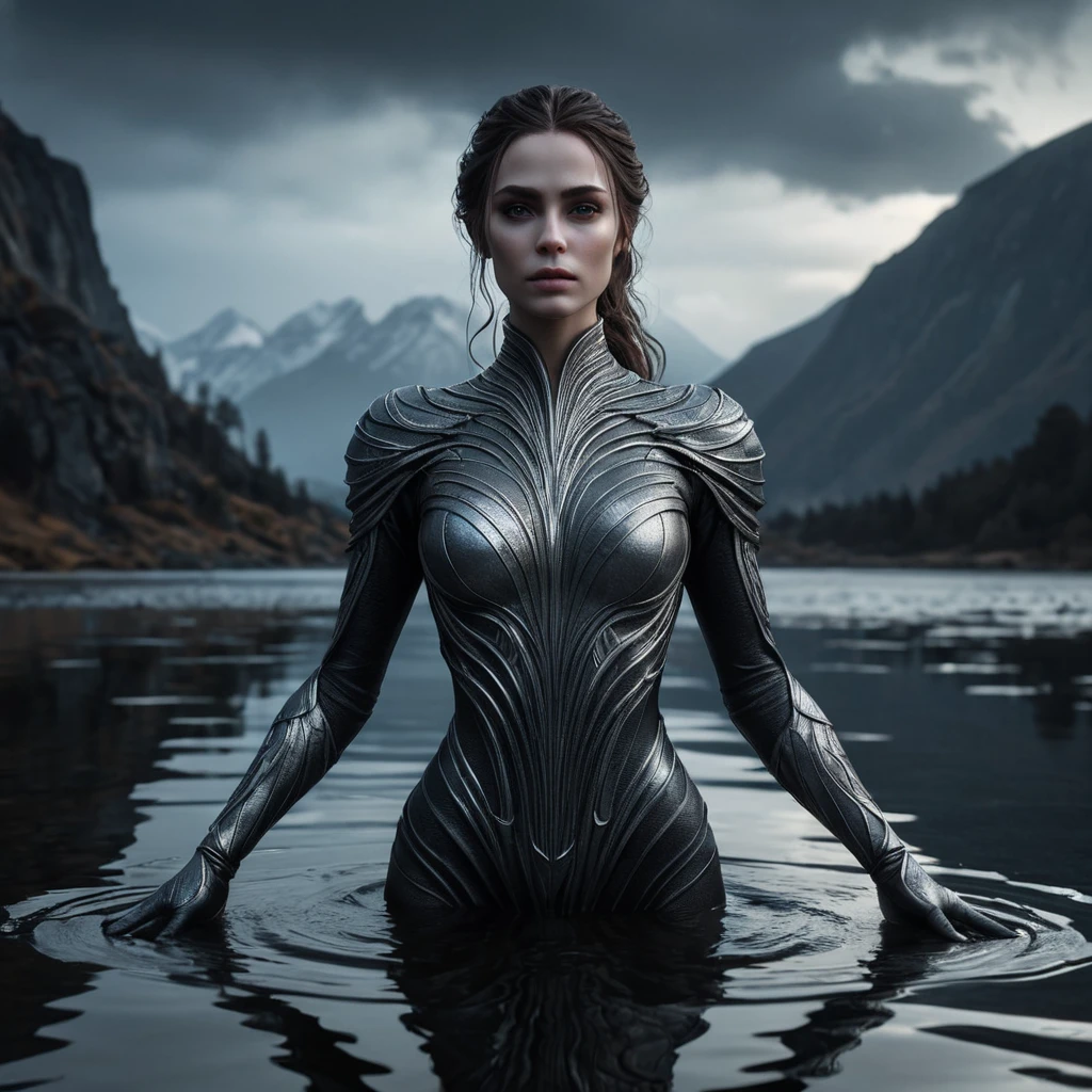 A dramatic portrayal of a female wraith from Elden Ring, emerging from a dark, foreboding lake at twilight, her form shimmering with an icy glow, her eyes reflecting the cold waters, her arms outstretched as if to embrace the encroaching darkness, the scene filled with an ominous silence.