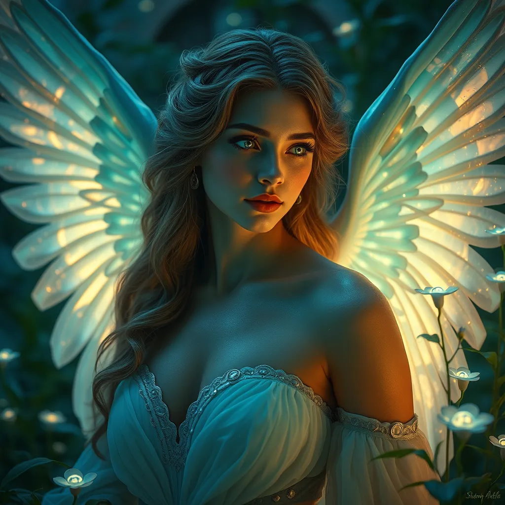 Seraphine, the angelic muse, depicted in a tranquil garden where bioluminescent plants illuminate her ethereal beauty, her eyes reflecting the cosmos, Stable Diffusion SDXL