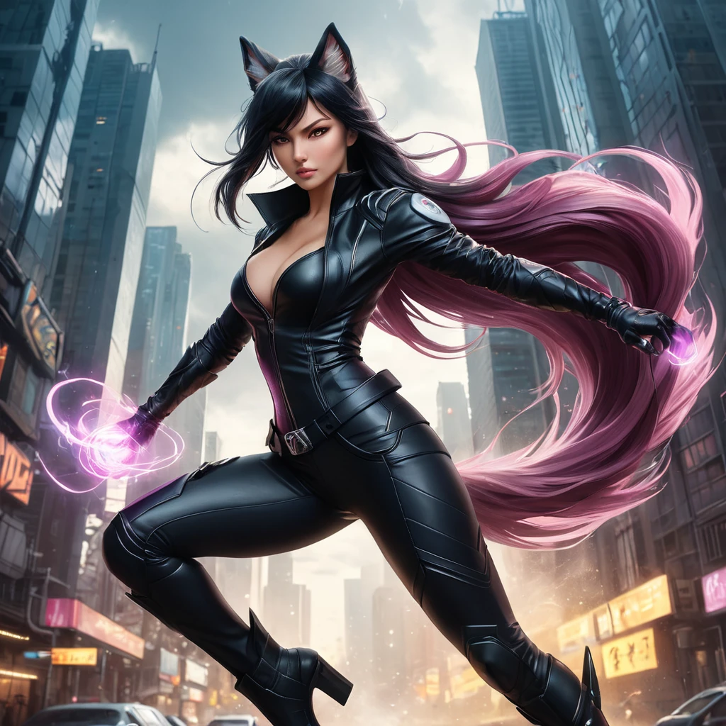 A dynamic Ahri, in a combat-ready black leather outfit, her tails swirling with energy, set against a backdrop of a stormy, cyberpunk city, her pose aggressive yet graceful, embodying her fierce and agile nature.