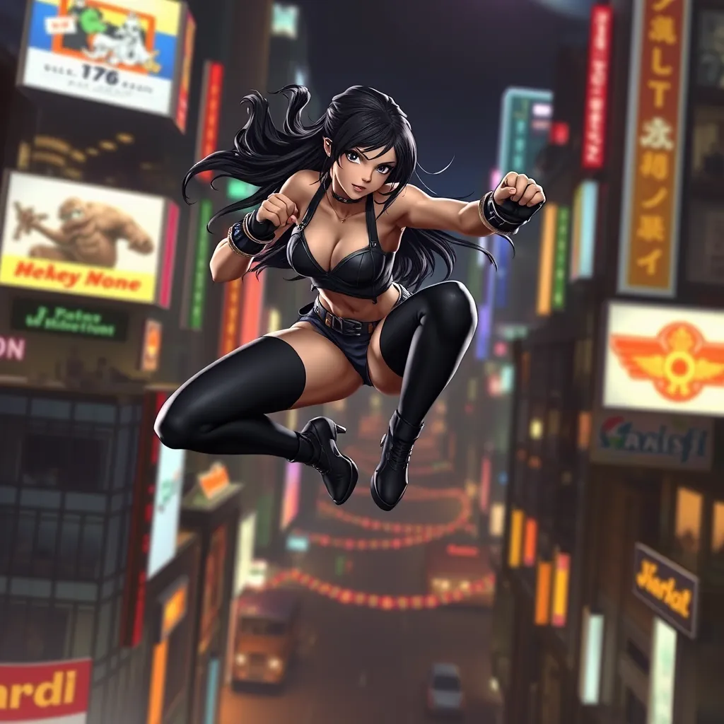 Tifa Lockhart in a dynamic pose, leaping through the air with her fists clenched, set against a backdrop of a bustling, neon-lit city at night, showcasing her agility and determination