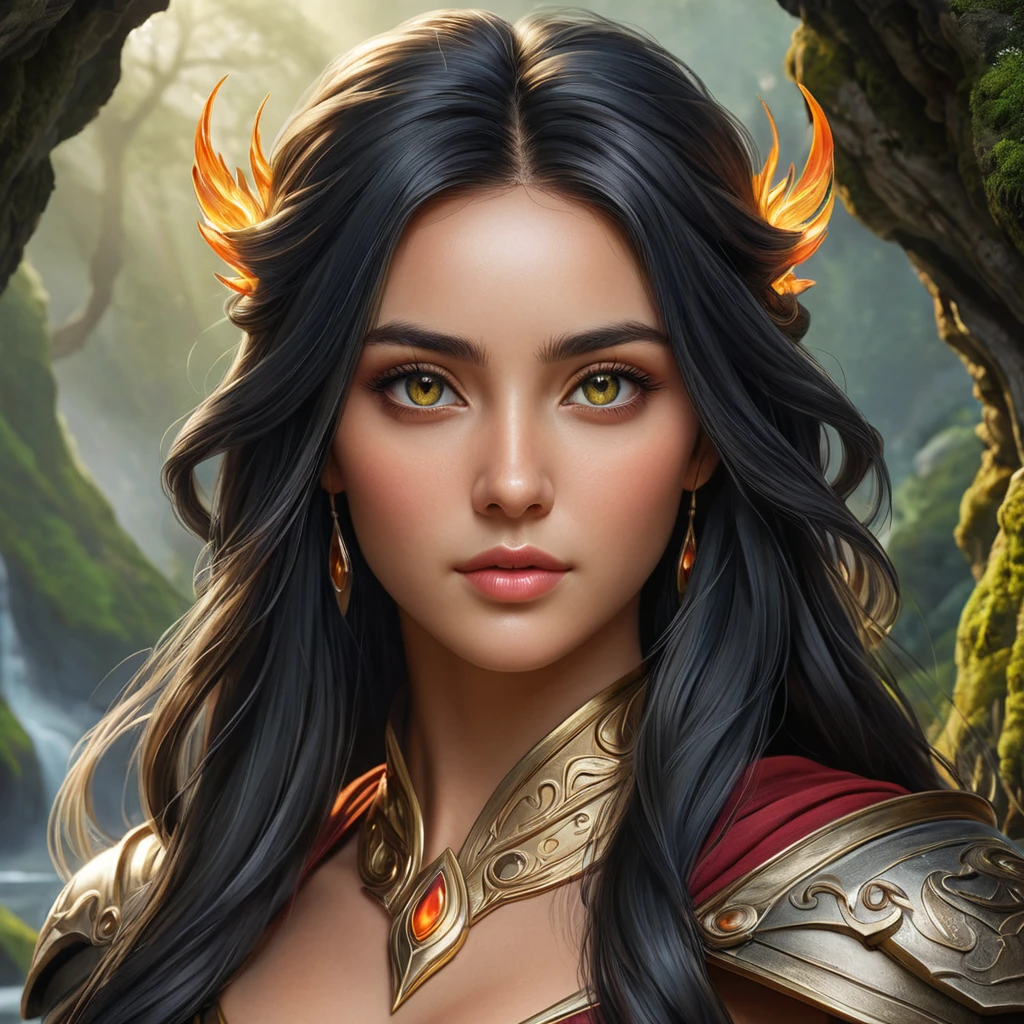 An ultra-realistic digital portrait of Irelia, her eyes shimmering with an inner fire, set against a backdrop of ancient, moss-covered stones, symbolizing her connection to the earth and resilience.