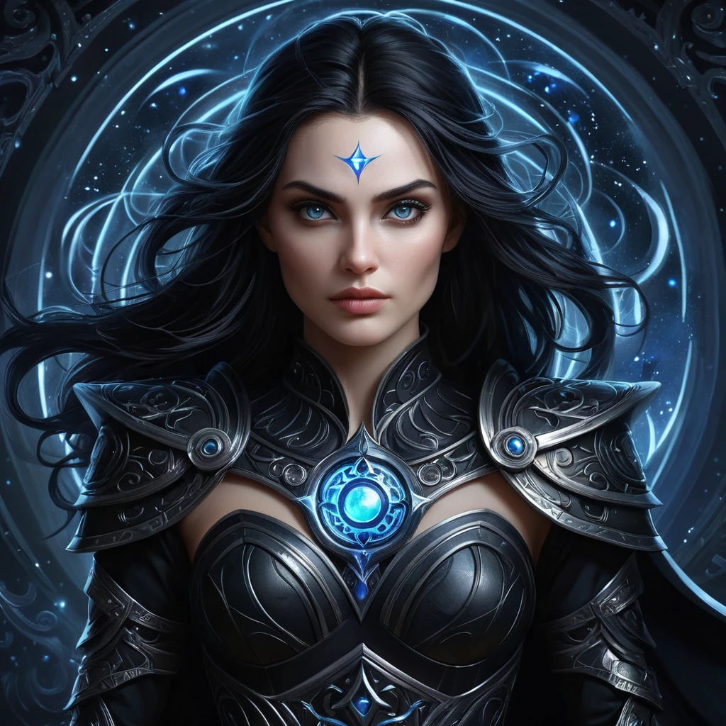 A stunning Morgana, with intricate, dark, and mystical armor adorned with glowing runes, stands amidst a swirling vortex of shadows and stars, her eyes piercing through the darkness with a fierce intensity, digital art style.