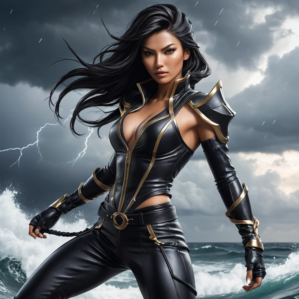 Akali in a high-contrast black leather outfit, posed dramatically against a backdrop of a stormy sea, with lightning illuminating her form.