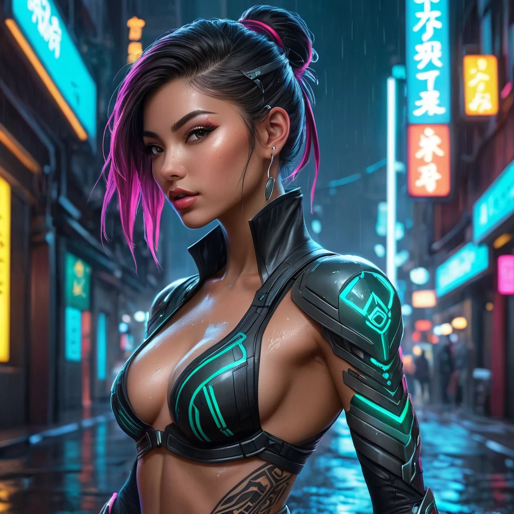 Akali in a futuristic cyberpunk setting, her body adorned with neon tattoos glowing against the dark alley backdrop, with rain-soaked streets reflecting the city lights.