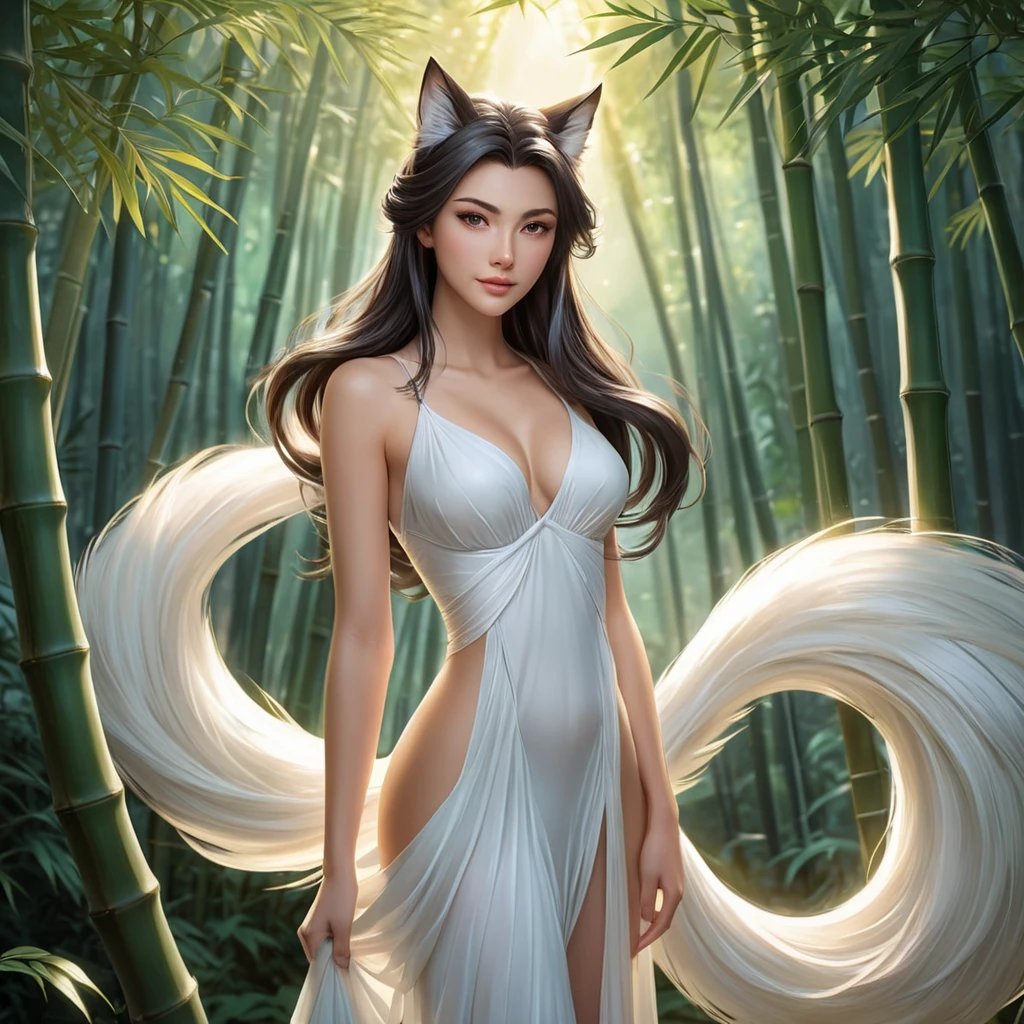 Ahri, portrayed in a classic anime style, with flowing, translucent tails and a gentle, serene expression, standing in a tranquil bamboo forest at dawn, the soft light enhancing her delicate features.