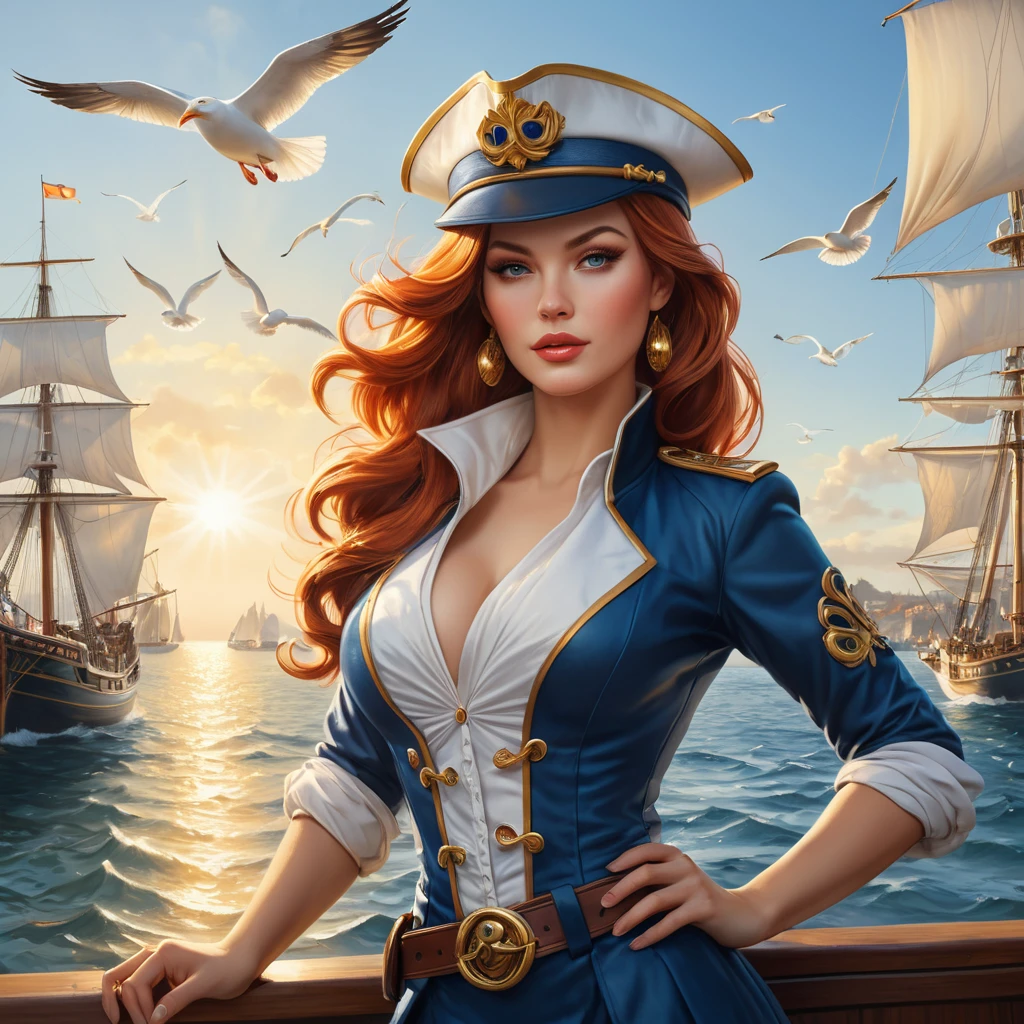 A stunning Miss Fortune, depicted in a vibrant, sunlit harbor scene with billowing sails and seagulls overhead, her pistols gleaming in the sunlight as she eyes her next target, rendered in rich, detailed realism.