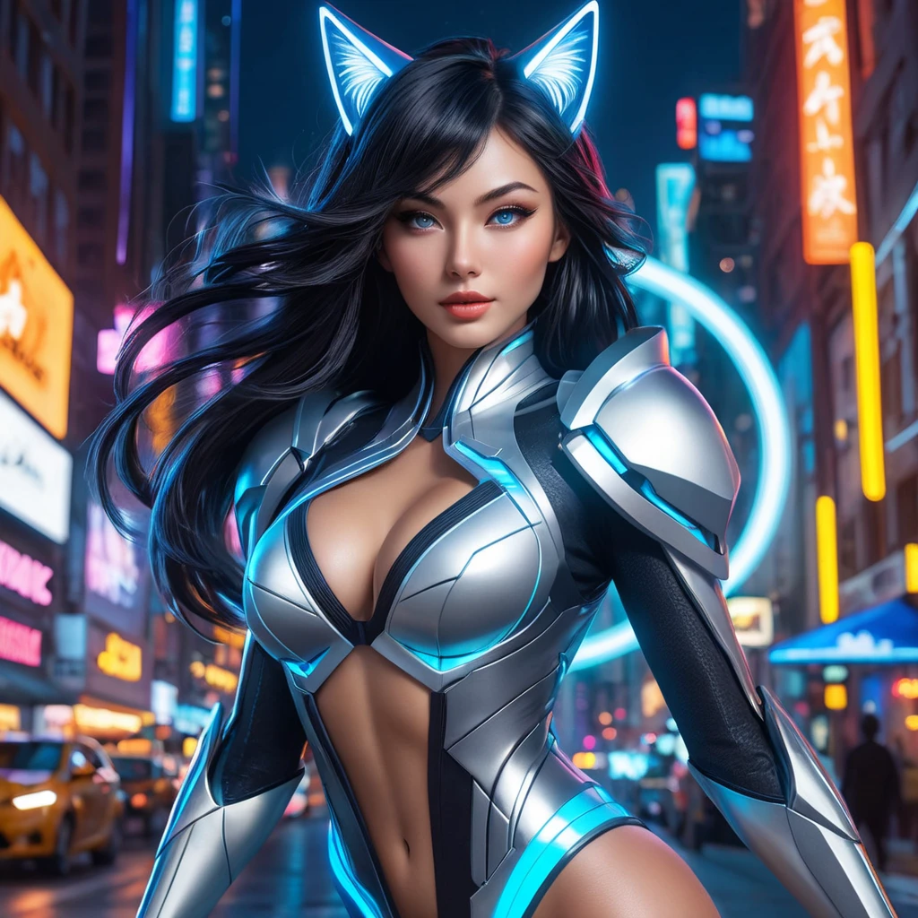 Ahri, styled in a futuristic, holographic outfit, her form dynamically posed against a backdrop of a bustling, neon-lit city at night, her eyes glowing with a captivating, otherworldly light, showcasing her dynamic and alluring persona.