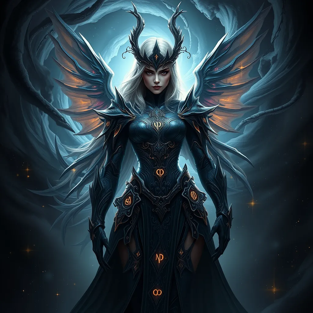 A stunning Morgana, with intricate, dark, and mystical armor adorned with glowing runes, stands amidst a swirling vortex of shadows and stars, her eyes piercing through the darkness with a fierce intensity, digital art style.