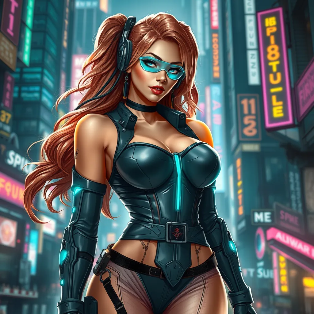 Miss Fortune in a futuristic, cyberpunk cityscape, neon lights reflecting off her cybernetic enhancements, her classic attire fused with high-tech elements, emphasizing her as a symbol of strength and adaptability in a changing world.