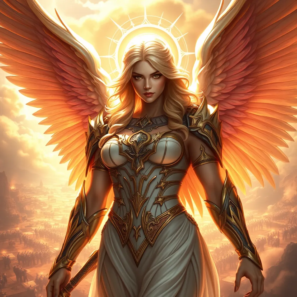 A stunning portrait of Kayle, the archangel of justice, rendered in a hyper-realistic style with intricate details, glowing wings, and a radiant halo, set against a backdrop of a celestial battlefield bathed in golden light.