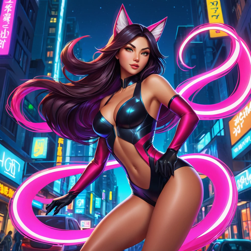 Ahri, captured in a vibrant, comic book style, with dynamic poses and bold colors, set in a bustling, futuristic cityscape at night, her tails illuminated by neon lights, showcasing her energetic and charismatic nature.